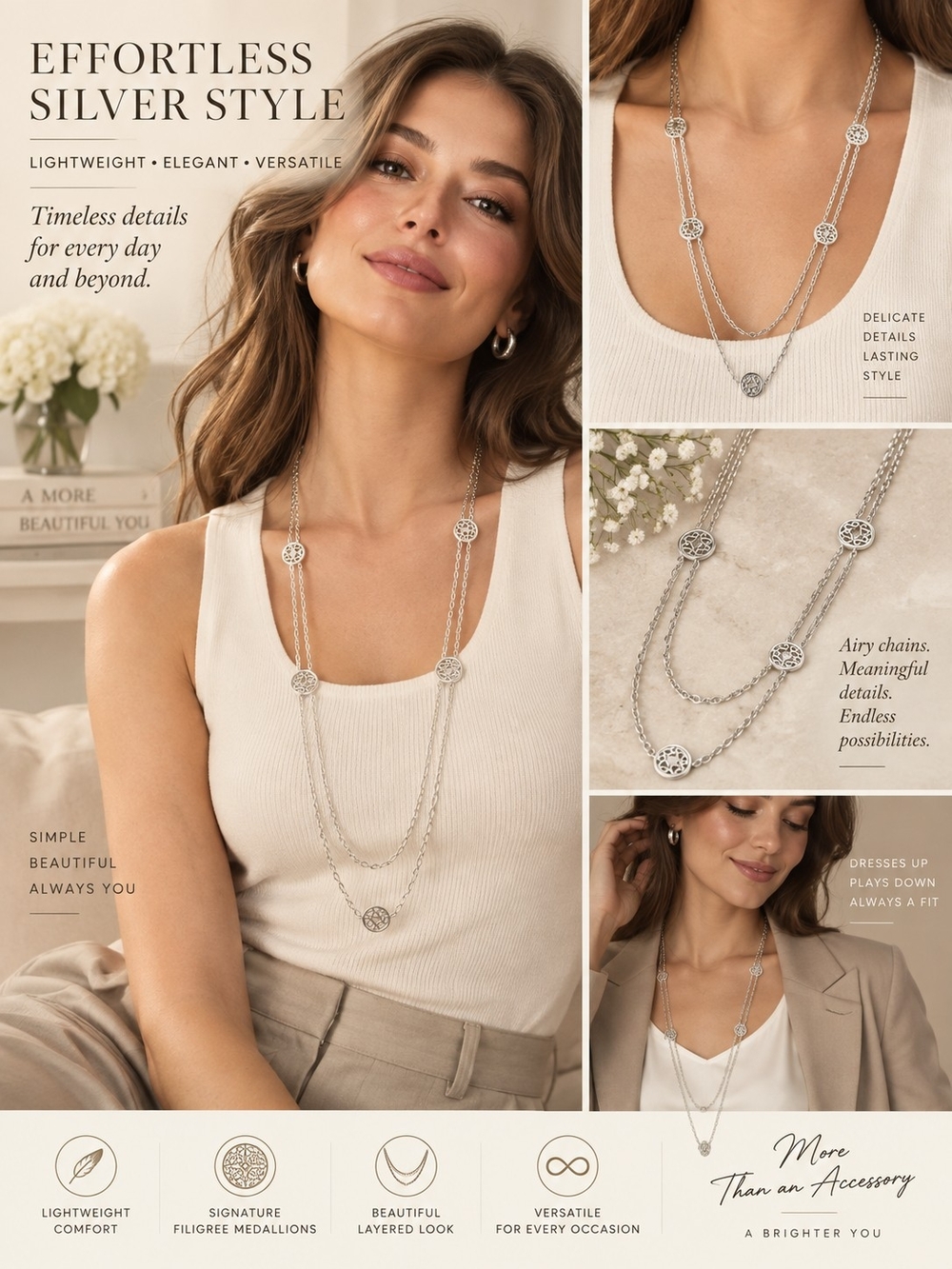 Elegant Silver Filigree Layered Necklace – Silver